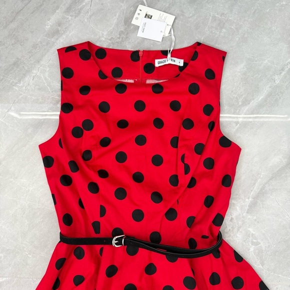 Women’s Grace Karin Retro Polka Dot Flare Sleeveless Dress With Belt Medium - Picture 3 of 16
